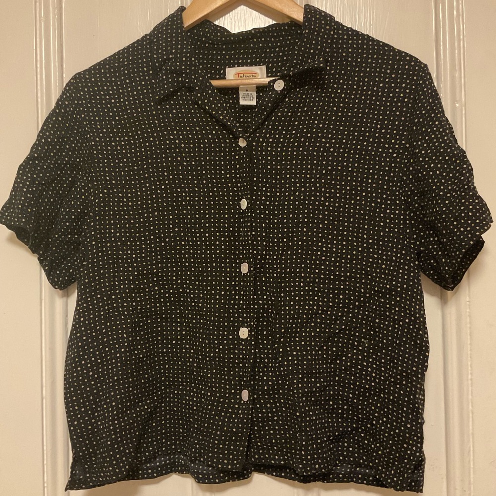 Talbots Black Polka Dot Short Sleeve Button Up Shirt